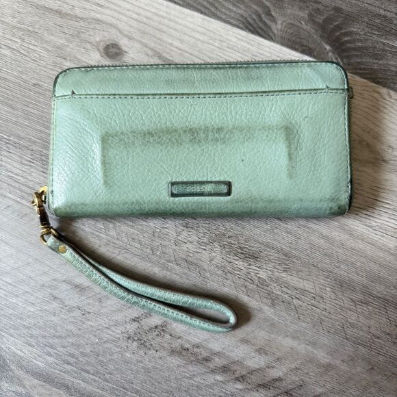 FOSSIL Leather Zip Around Wristlet Wallet Aqua Green Used - Picture 1 of 9